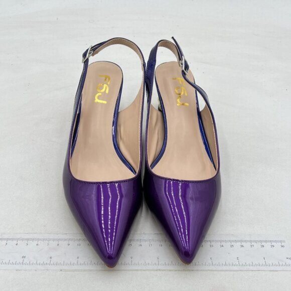 FSJ Purple Pointed Toe Slingback Wedding Pumps Chunky Low Heel Rhinestone Sandal - Picture 3 of 8